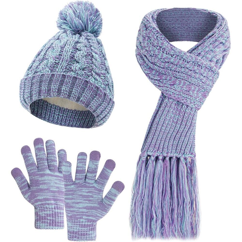 Womens Warm Beanie Hat Scarf and Gloves Set Winter Thick Chunky Knitted Pom Cap